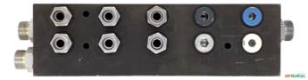 Bloco Manifold Hidráulico 5 Estações CETOP 3 TN6 NG6 - Aço Carbono com Roscas 1/2" e 3/8" BSP - Configuração Híbrida com Niples e Tampões - Voltagem: Imagem Bloco Manifold Hidráulico 5 Estações CETOP 3 TN6 NG6 - Aço Carbono com Roscas 1/2" e 3/8" BSP - Configuração Híbrida com Niples e Tampões - Voltagem: